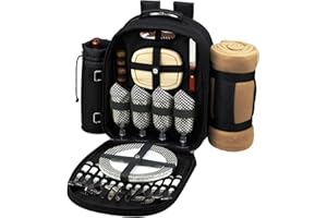 Picnic at Ascot Original Equipped 4 Person Picnic Backpack with Cooler, Insulated Wine Holder & Blanket - Designed & Assembled in the USA