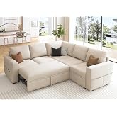 HONBAY Modular Sectional Sleeper Sofa with Pull Out Bed, L Shaped Couch with Storage Seat, Convertible Sectional Couches for Living Room, Beige