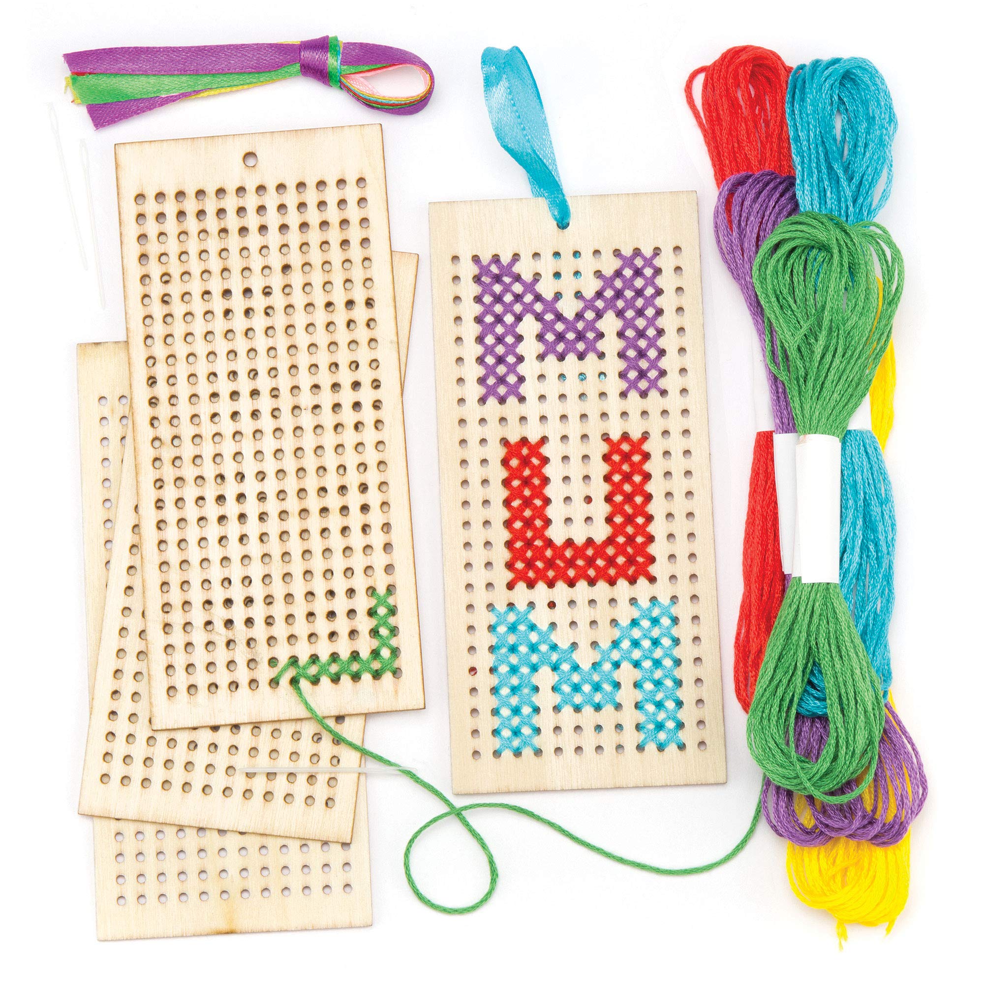 Baker Ross AR141 Wooden Bookmark Cross Stitch Kits Embroidery Starter Kit for Kids, 13cm x 6cm, Wood, Pack of 4, Pieces