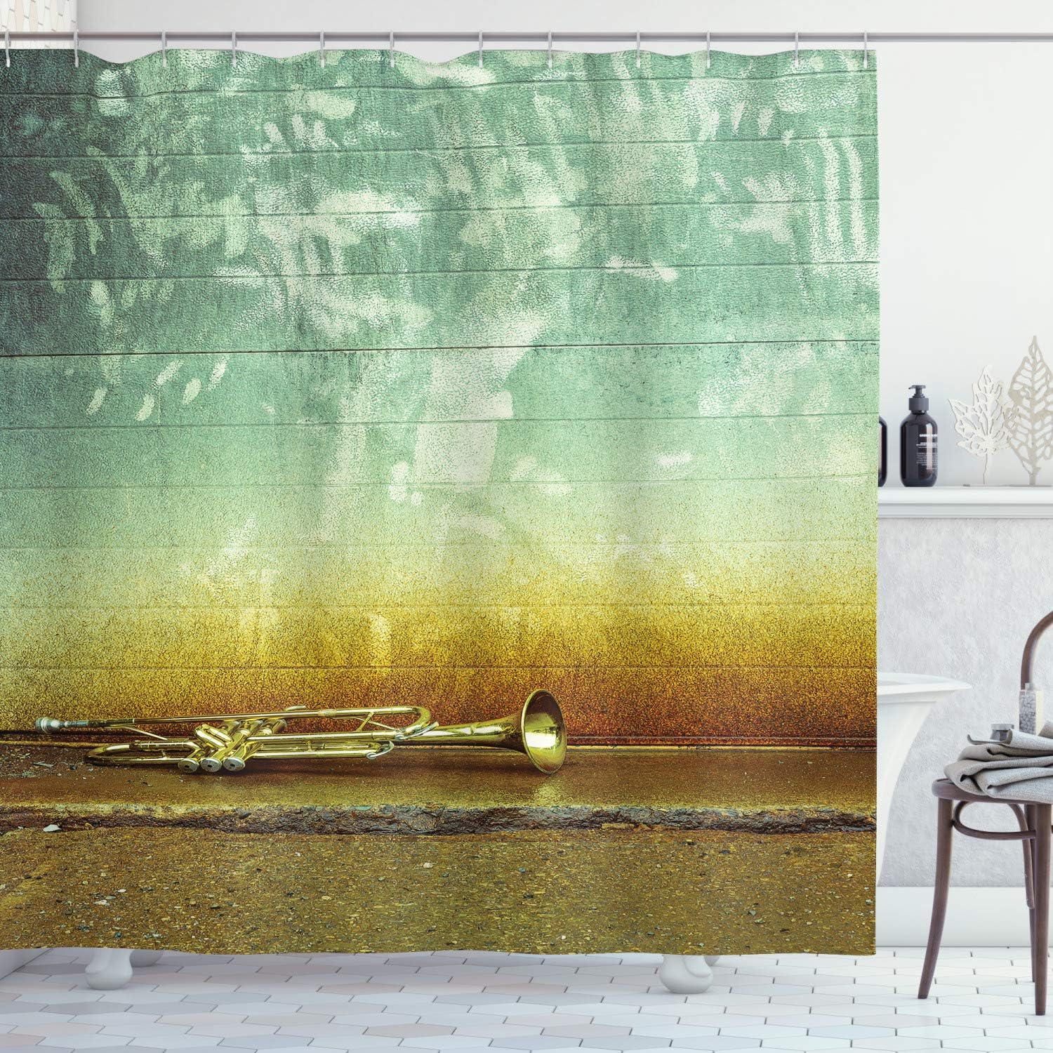 Amazon Com Ambesonne Jazz Music Decor Shower Curtain Set Old Worn Trumpet Stands Alone Against A Grungy Wall Outside Of Jazz Club Bathroom Accessories 84 Long Extra Seafoam And Mustard Home Kitchen