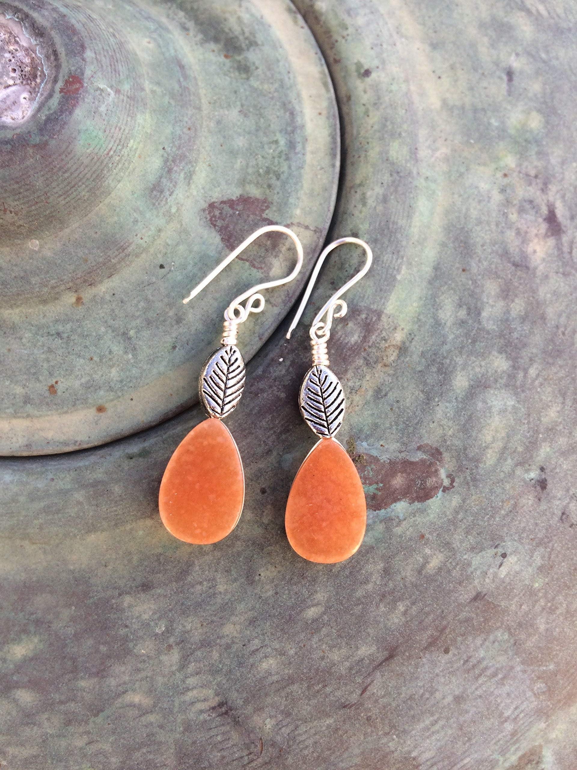 Natural Carnelian and silver leaf handmade dangle earrings