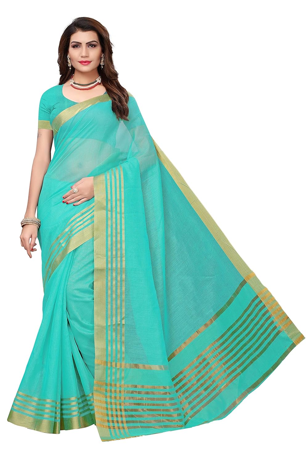 indira designer women's art cotton silk gold stripes saree with blouse