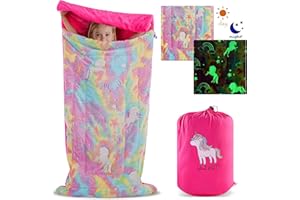 AQT LLC Unicorn and Rainbow Plush Glow in The Dark Sleeping Bag with Storage Bag and Unicorn Charm - Large, Soft, Durable, Warm - Unicorn Gift for Sleepovers