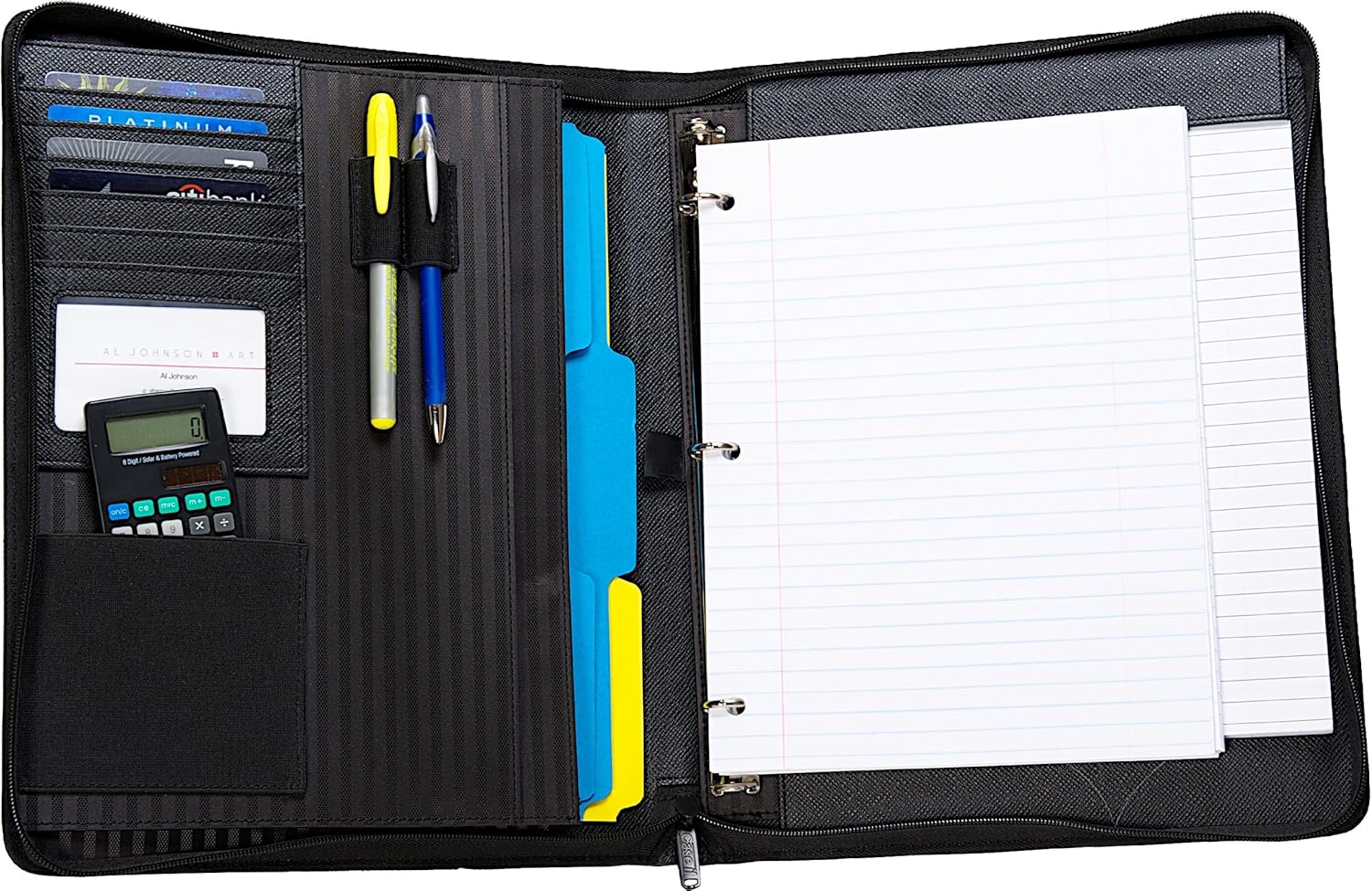 Case-it Executive Zippered Padfolio with Removable 3-Ring Binder and Letter Size Writing Pad, Black, PAD-40 : Portfolio Binder : Office Products