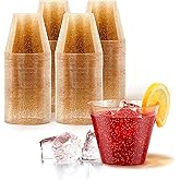 Stock Your Home 9oz Gold Glitter Plastic Cups (100 Pack), Elegant Party Cups for Birthday Parties, Weddings, and Holidays, Fancy Disposable Cocktail Glasses, Clear and Gold, Bulk Wine and Mimosa Cups
