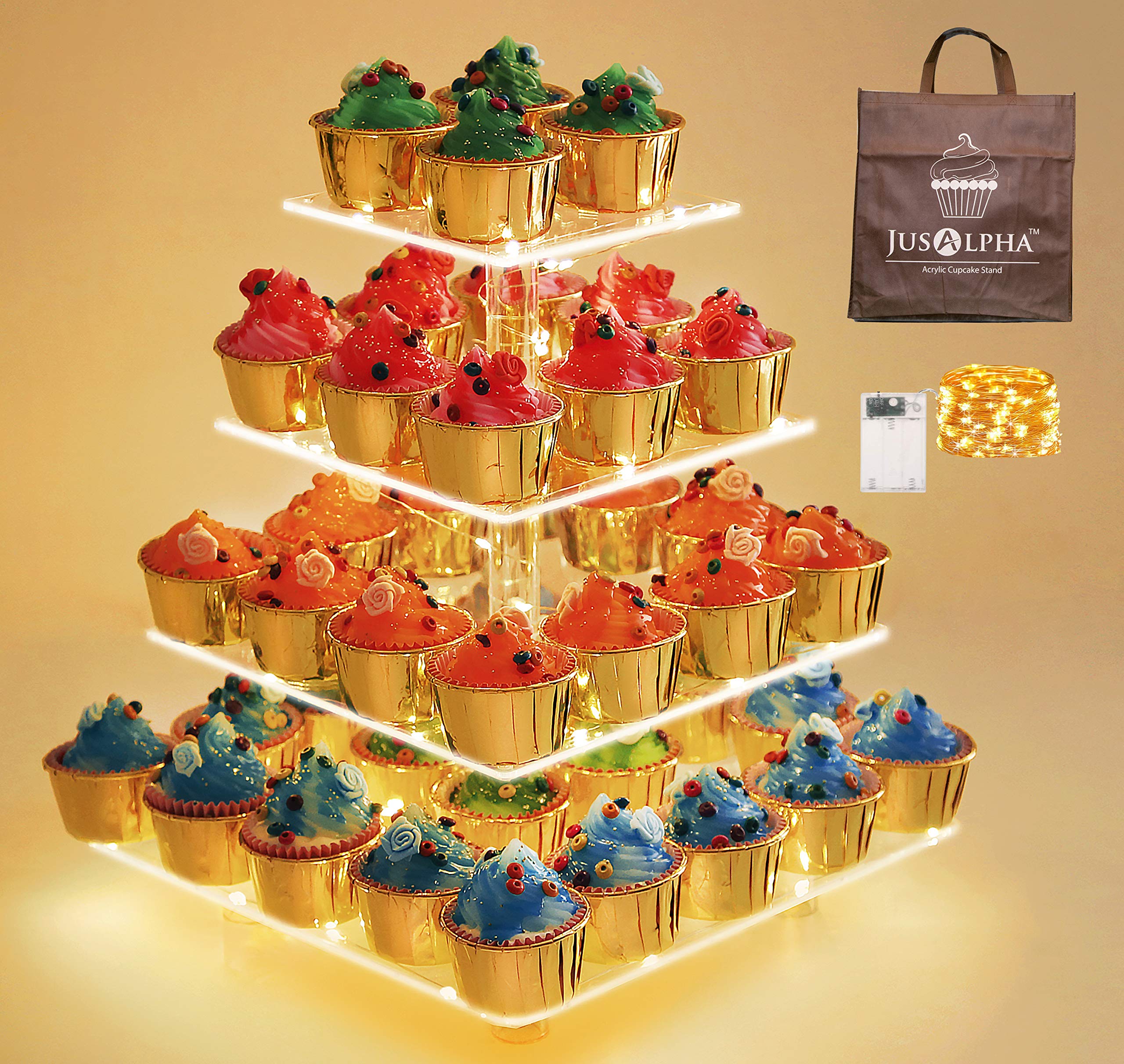 Jusalpha 4 Tier Square Cupcake Stand Serving Tray
