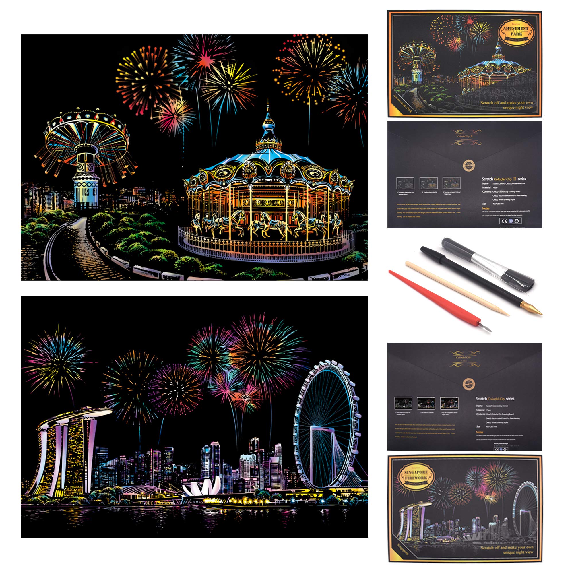 SiYear Scratch Paper Rainbow Painting Sketch, City Series Night Scene,Scratch Painting Creative Gift,Scratchboard Art for Adult,with 4 Tools (Amusement Park + Singapore)