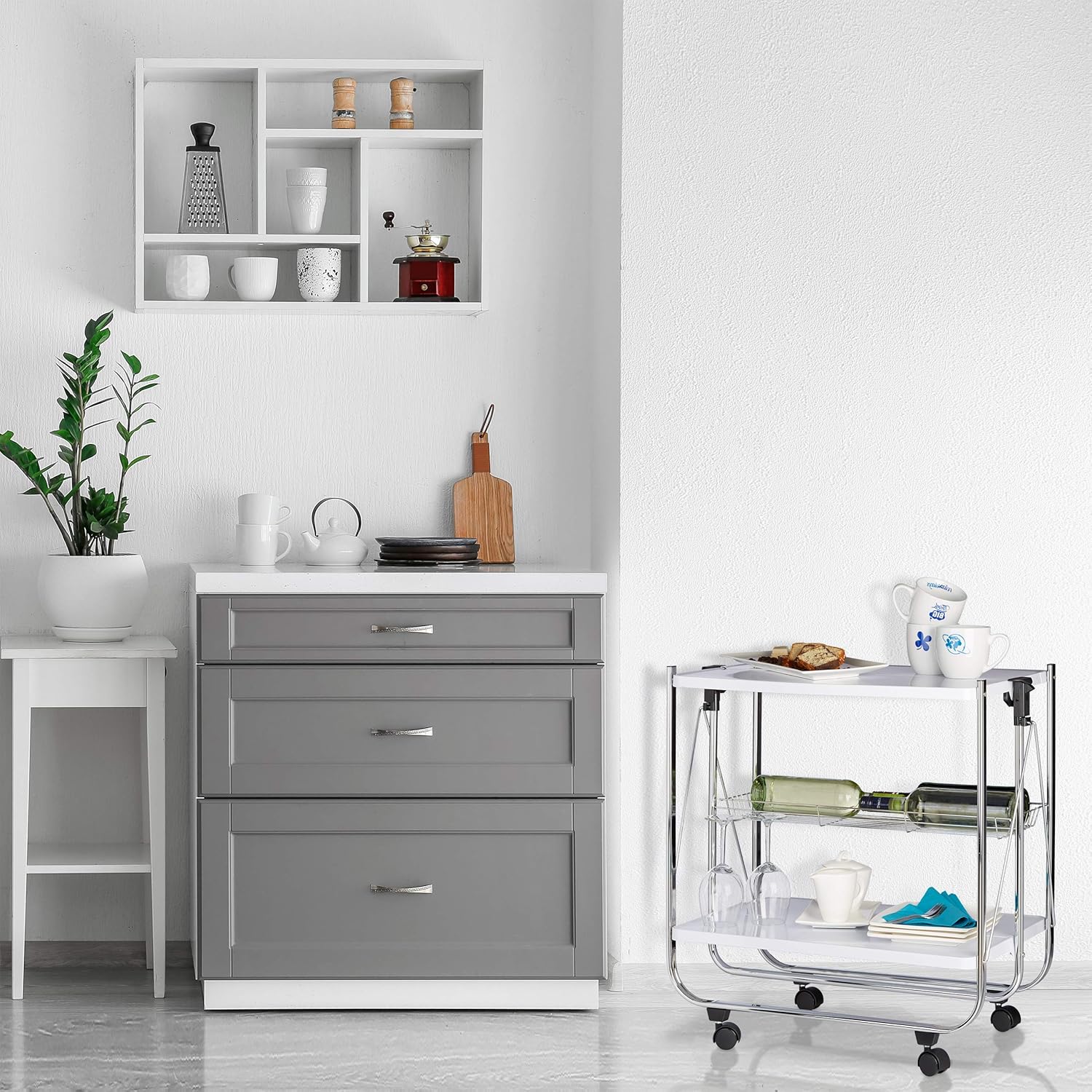 Relaxdays Foldable Serving Trolley, 4 Wheels, 2 Shelves, Basket, HxWxD: 68.5 x 68 x 40.5 cm, Kitchen Cart, White - Image 3