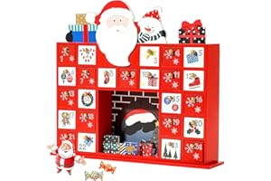 JOEJET Wooden Advent Calender, 2024 Christmas Countdown Calender with 24 Drawers for Kids and Adults, Christmas Red Fireplace with Santa Claus, Christmas Tree, Gingerbread Men