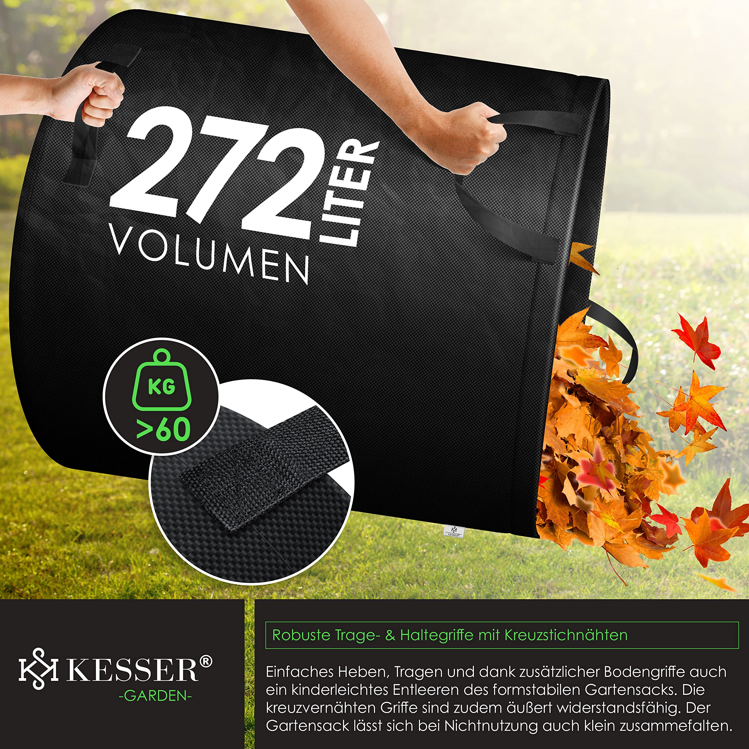 KESSER® Gartensack 3x 272L Set Laubsack Gartenabfallsack inkl. Handschuhe - Selbststehend 4 Griffe Stabil Robust & Faltbar - Laubsäcke Rasenschnitt für Gartenabfälle Grünschnitt Schwarz 5