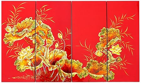 Set De Tableau En Bois Laqué 50x80cm Fleur De Lotus Doré