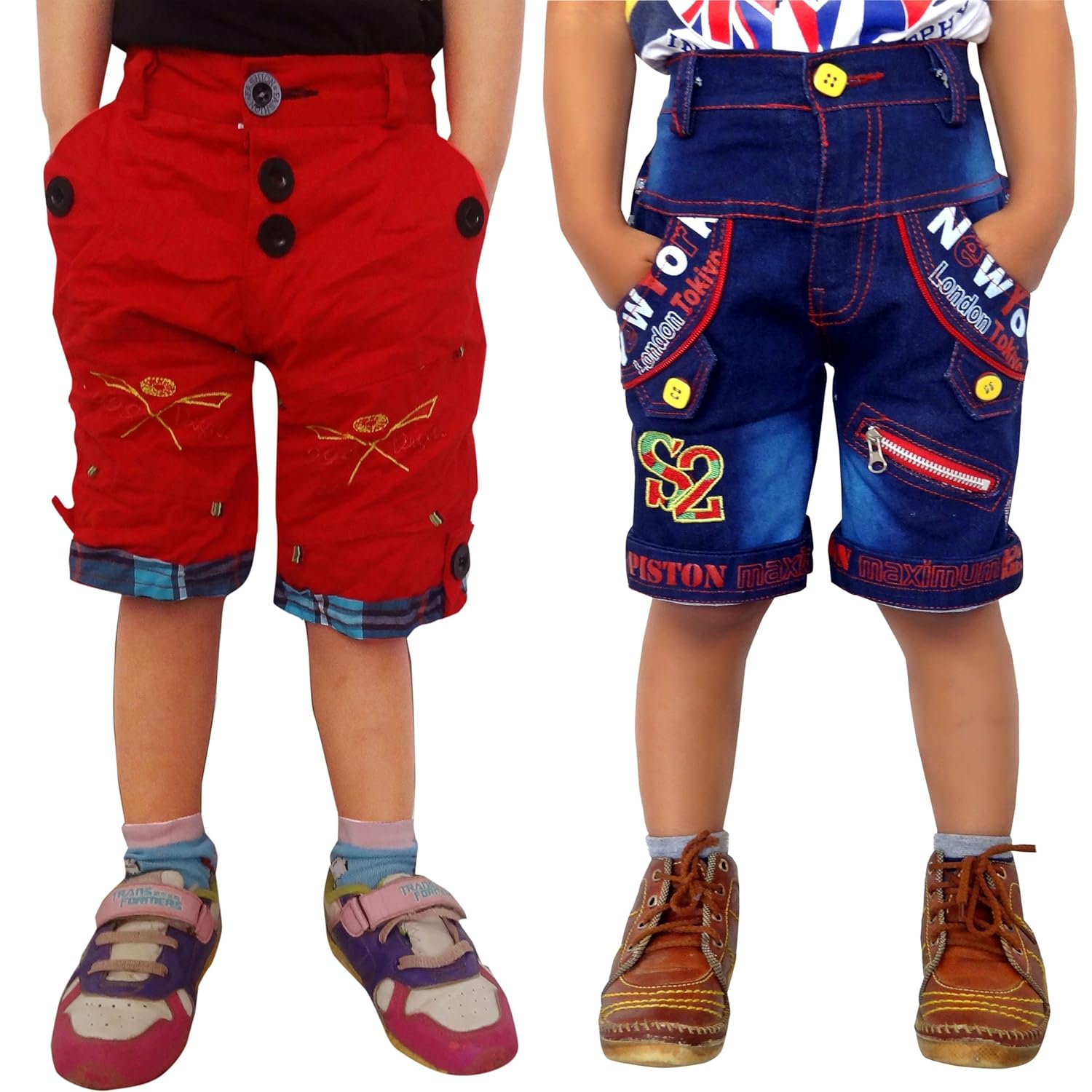 ad & av pack of two cotton shorts(one denim cotton and one red crush cotton shorts)