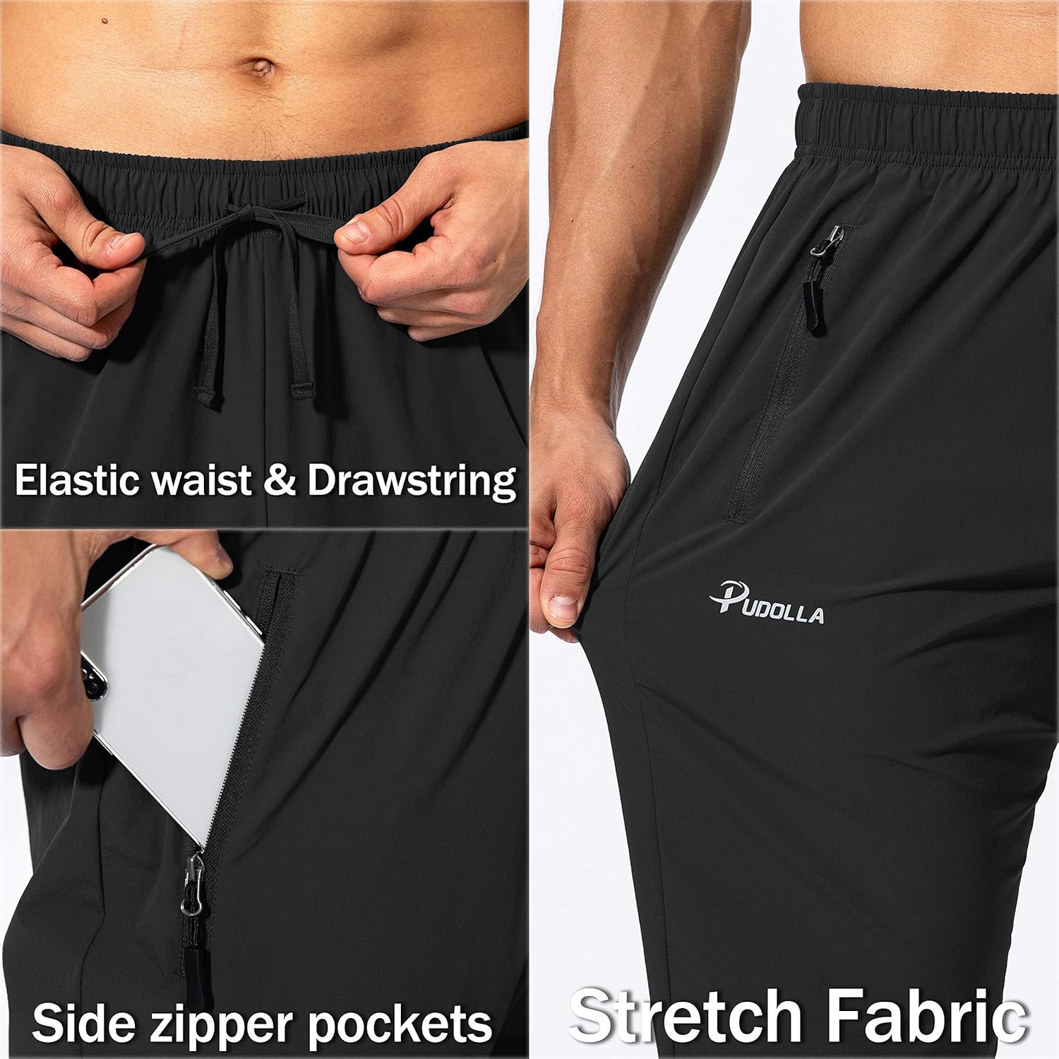 Pudolla Men's Workout Athletic Pants Elastic Waist Jogging Running Pants for Men with Zipper Pockets: Clothing