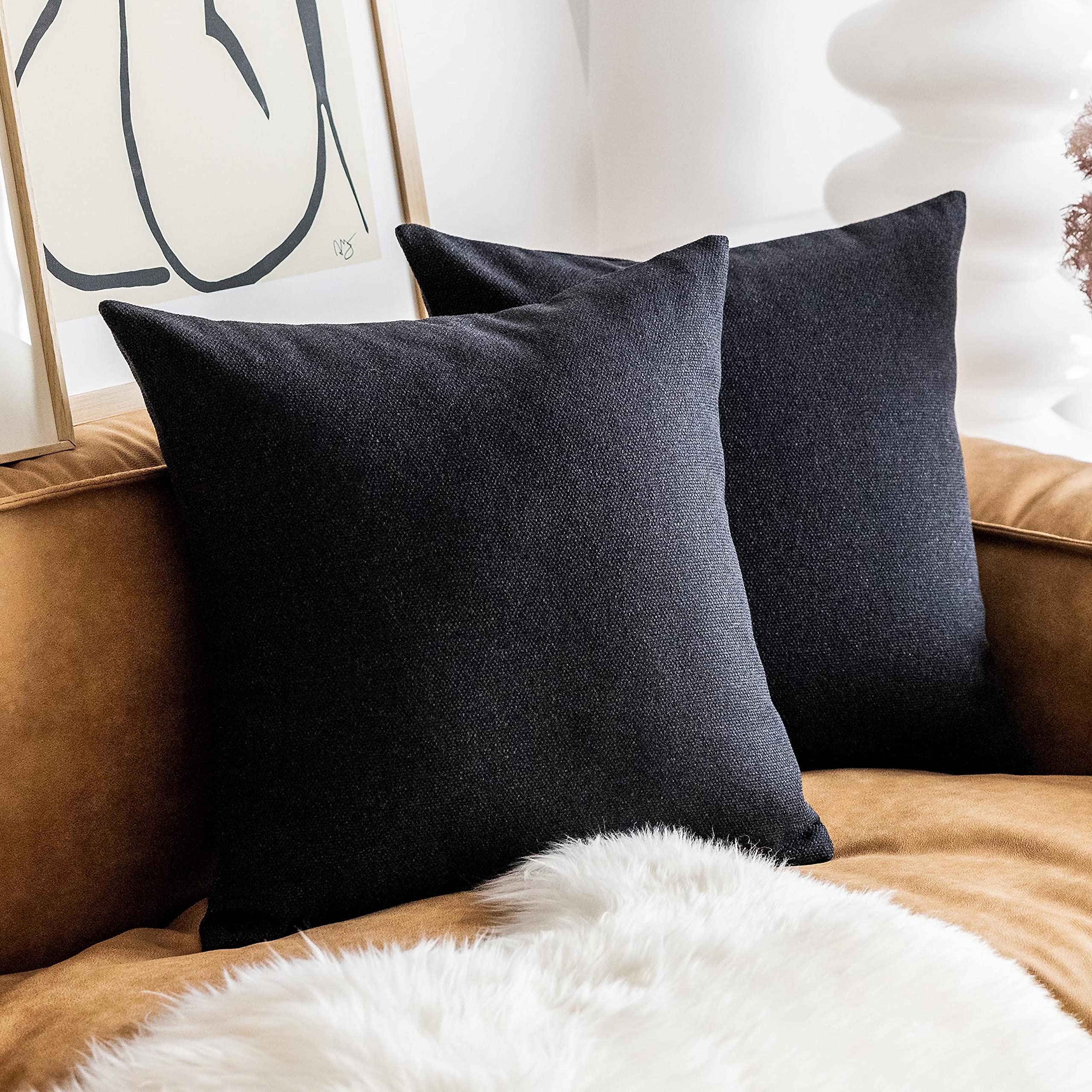 Home Brilliant Black Cushions, Cushion Covers 45cm x 45cm, Canvas Linen Cushion Cover for Couch Sofa Bench, 18 inches, Pack of 2, Black