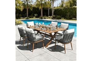 LayinSun 7 Pieces Outdoor Patio Dining Set, Aluminium Rectangular Dining Table and Wicker Rattan Chairs Set for Outside Backyard, Poolside