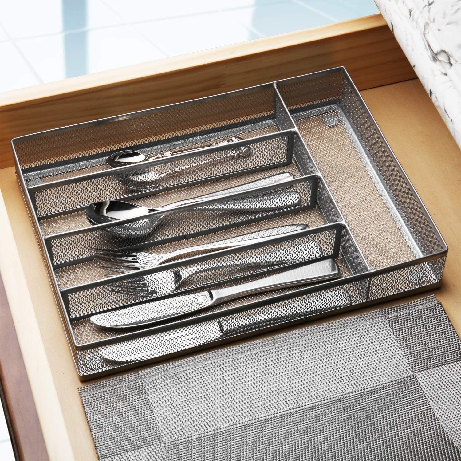 Flatware Tray Utensil Drawer Organizer Kitchen Utensil Cutlery Tray Mesh Designing with Foam Feet Multi Compartments Keep Desk Drawer and Office Supplies Well Organized (Silver): Kitchen & Dining