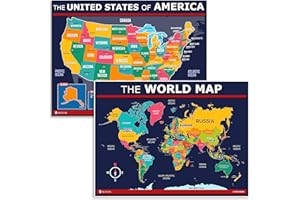 USA and World map poster 2 pack for kids Laminated blue Young N Refined (15x20)
