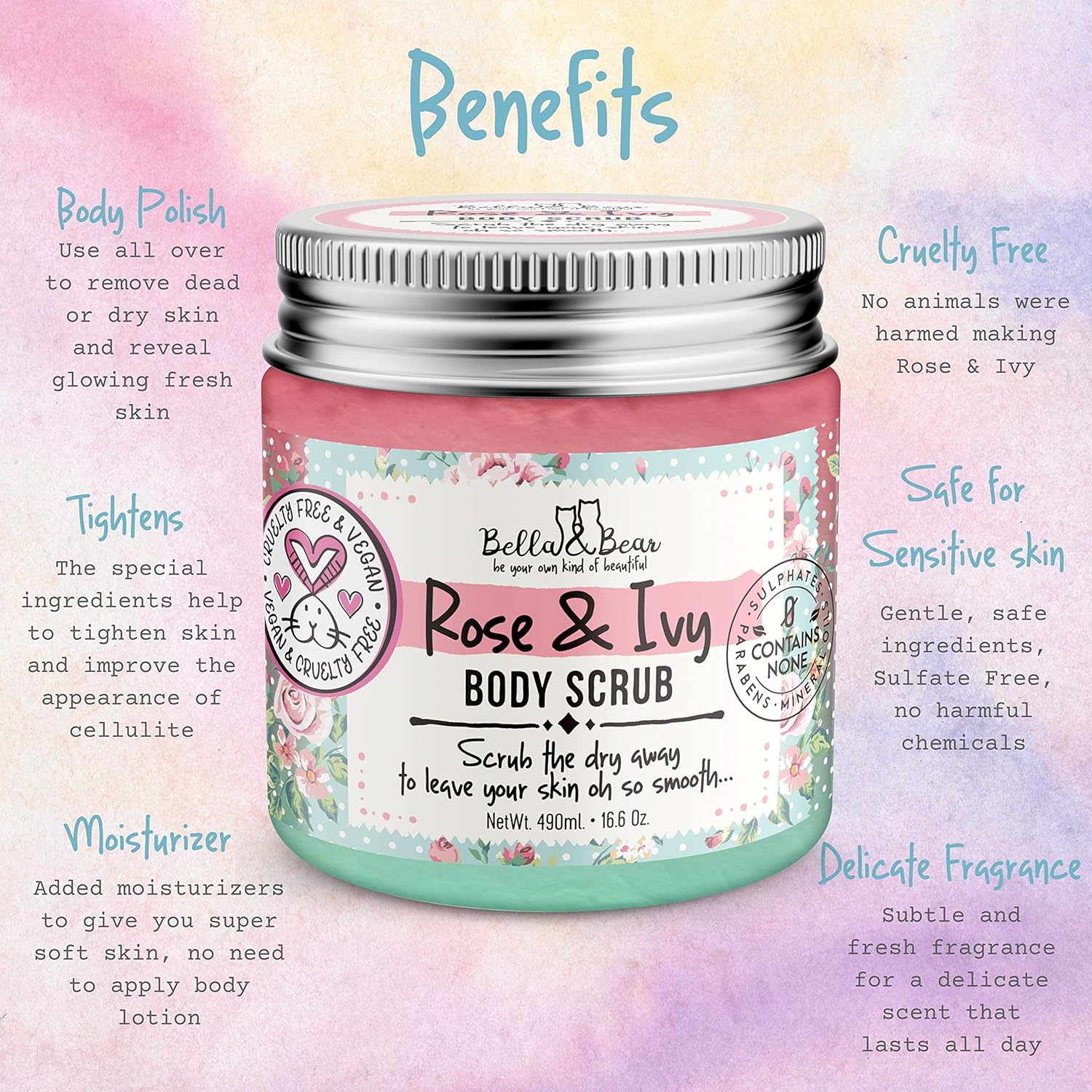 Bella and Bear Rose & Ivy Body Scrub Exfoliator - Cruelty-Free - Vegan (7oz) : Beauty