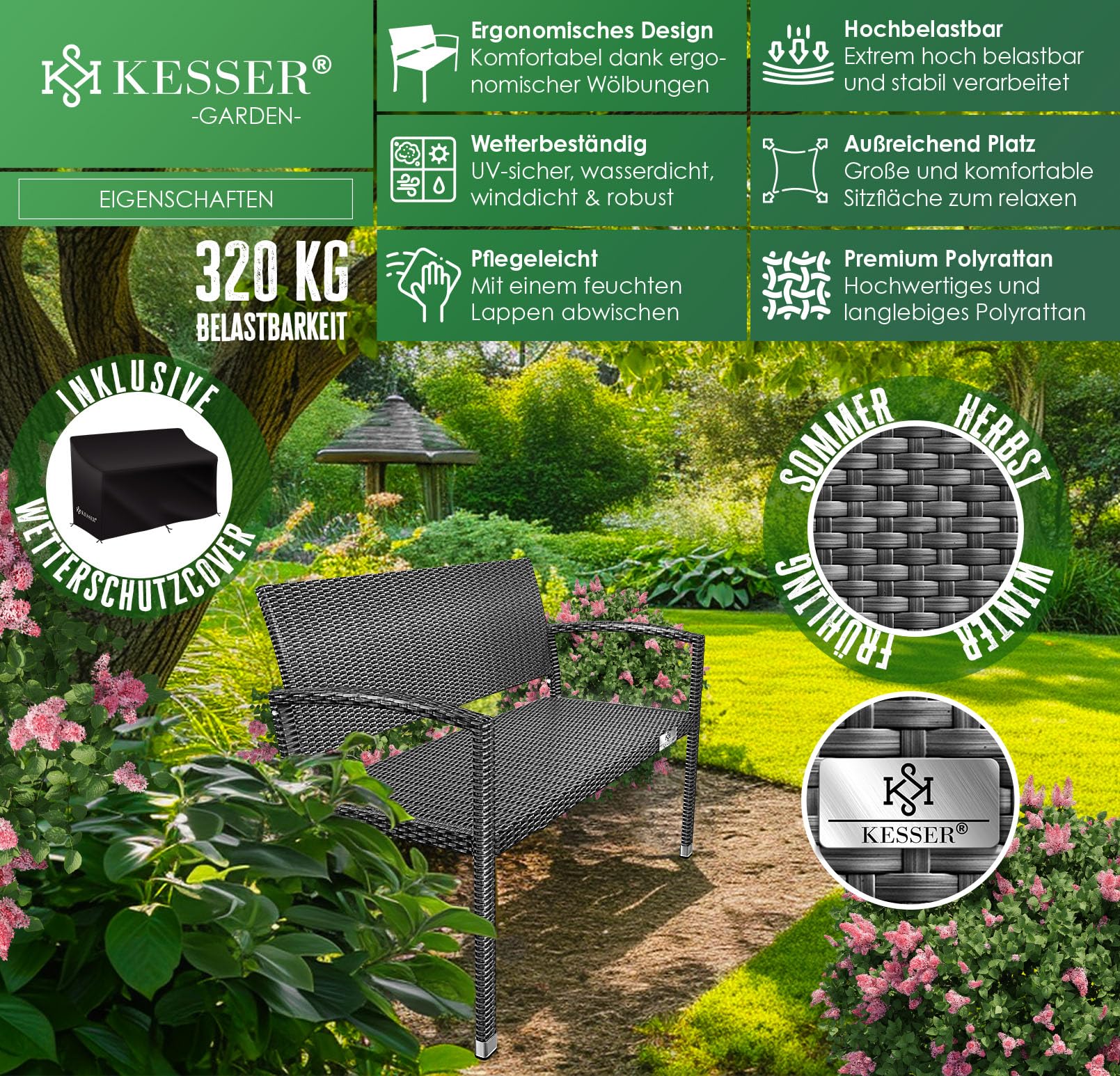 KESSER® Gartenbank Polyrattan 2-Sitzer Wetterfest | Rattan Sitzbank UV-Beständig bis 320kg belastbar | Balkon Bank 125x62x90cm Garten-Möbel mit Cover & ergonomischen Armlehnen für 2 Personen Anthrazit 3