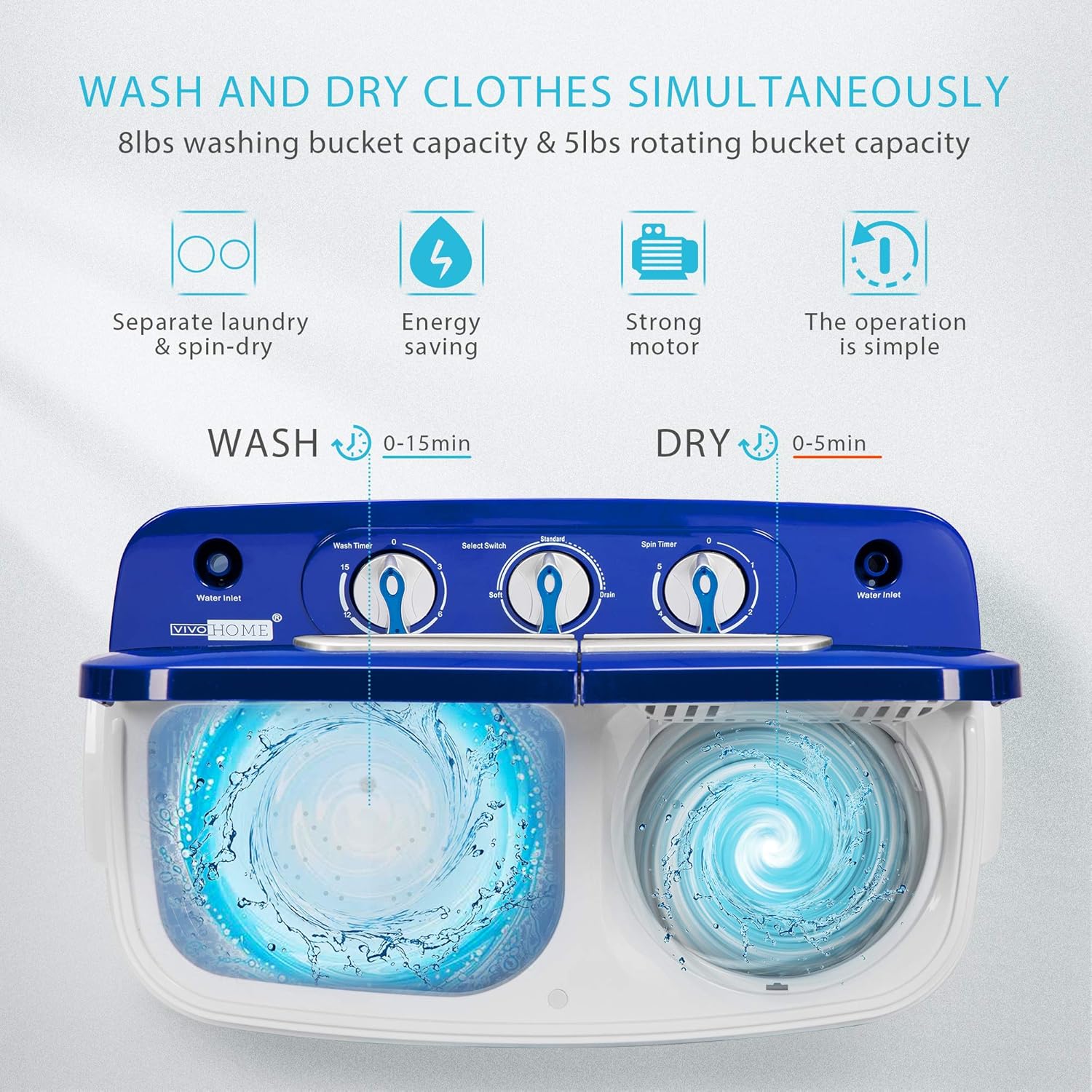 VIVOHOME Electric Portable 2 in 1 Twin Tub Mini Laundry Washer and Spin