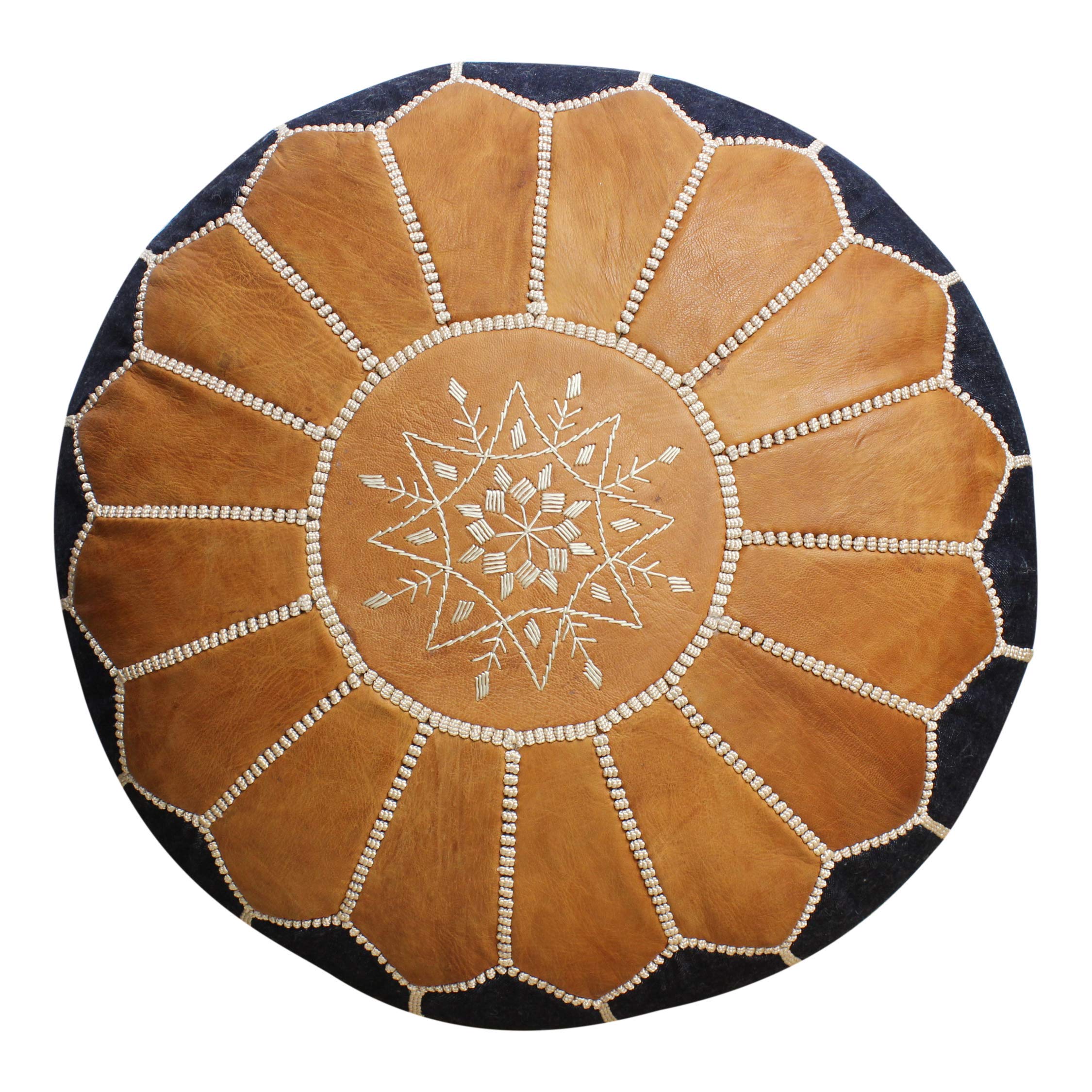 ESSENCE OF MOROCCO Moroccan Pouffe Pouf Footrest Footstool Ottoman Natural Tan Real Leather Denim Blue Jean Handmade Hand Stitched (COVER ONLY)