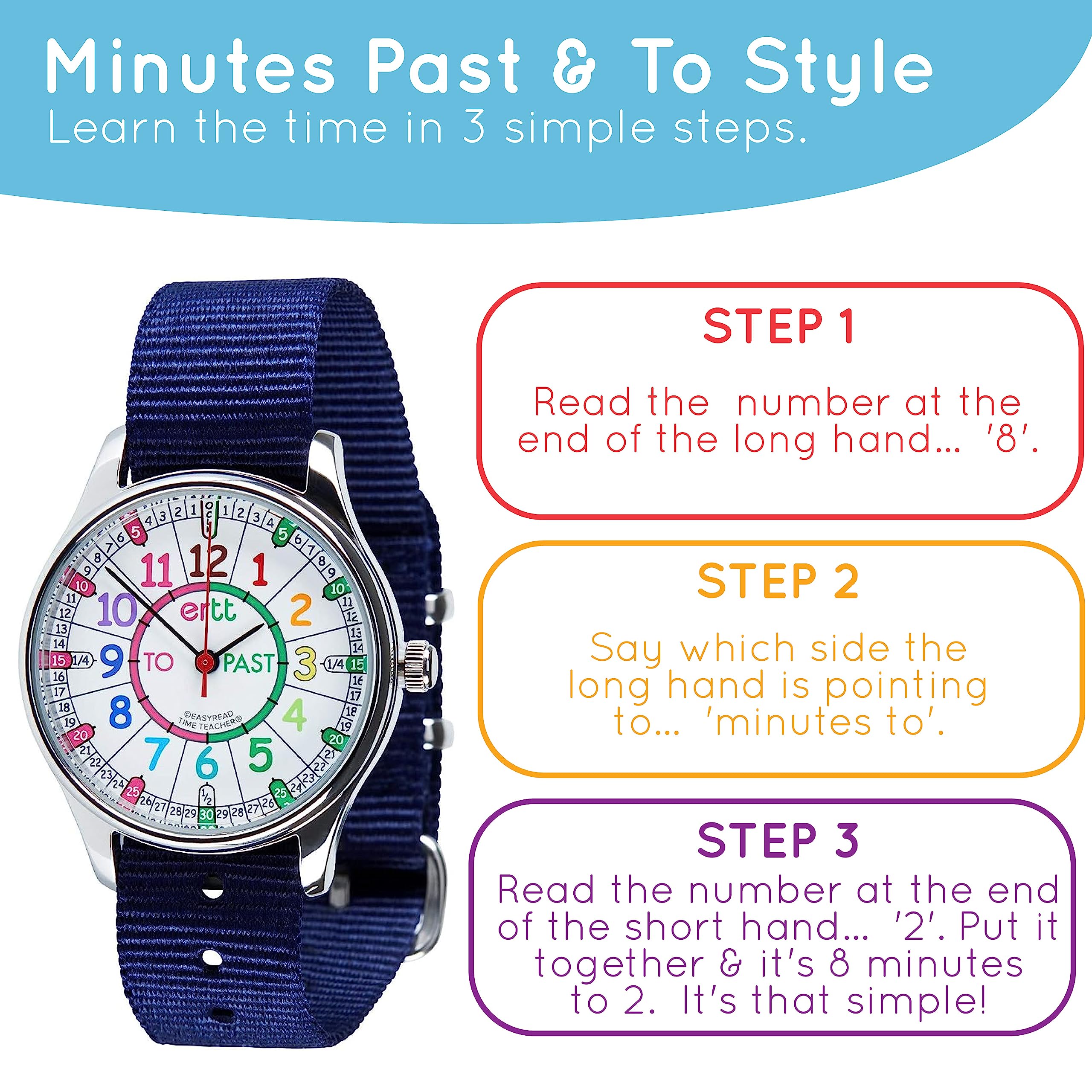 ertt EasyRead Time Teacher Waterproof Kids Watch - Watches for Kids - Learn to Tell The Time Watch for Boys & Girls - 3 Step Time Teacher Kids Watch - Past/to Dial - Analogue with Easy to Read Dial