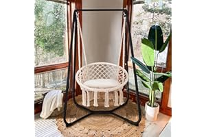 SUNCREAT Patio Swing Chair with Stand and Cushion, Heavy Duty Hanging Chair with Stand for Bedroom, 330 lbs Capacity, Patent Pending, Beige
