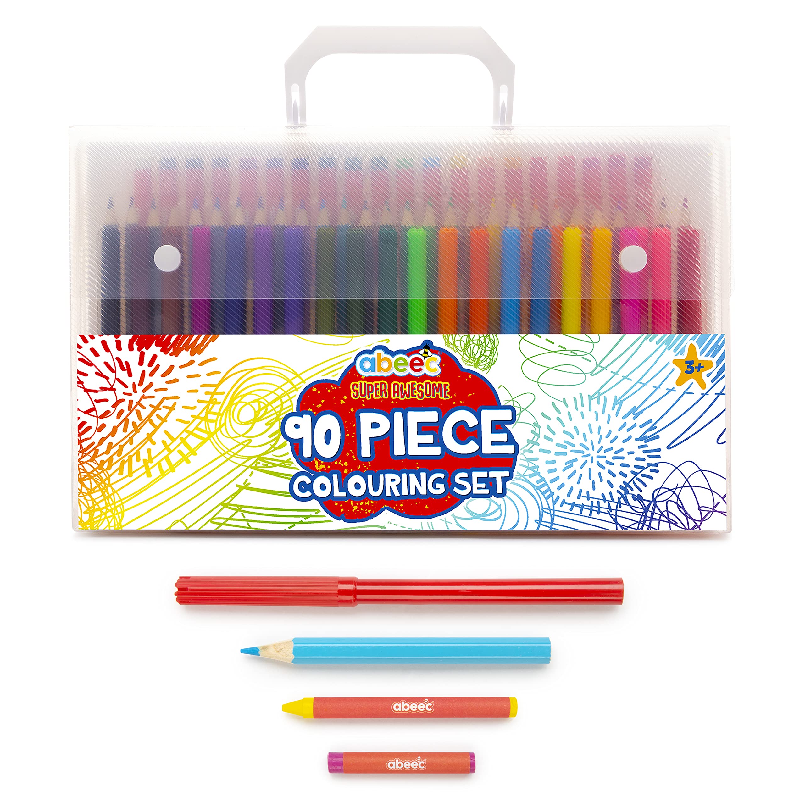 Abeec Colouring Set For Kids - 90 Piece - 20 Kids Felt Tip Pens, 30 Coloured Pencils And 40 Wax Crayons - Art Case