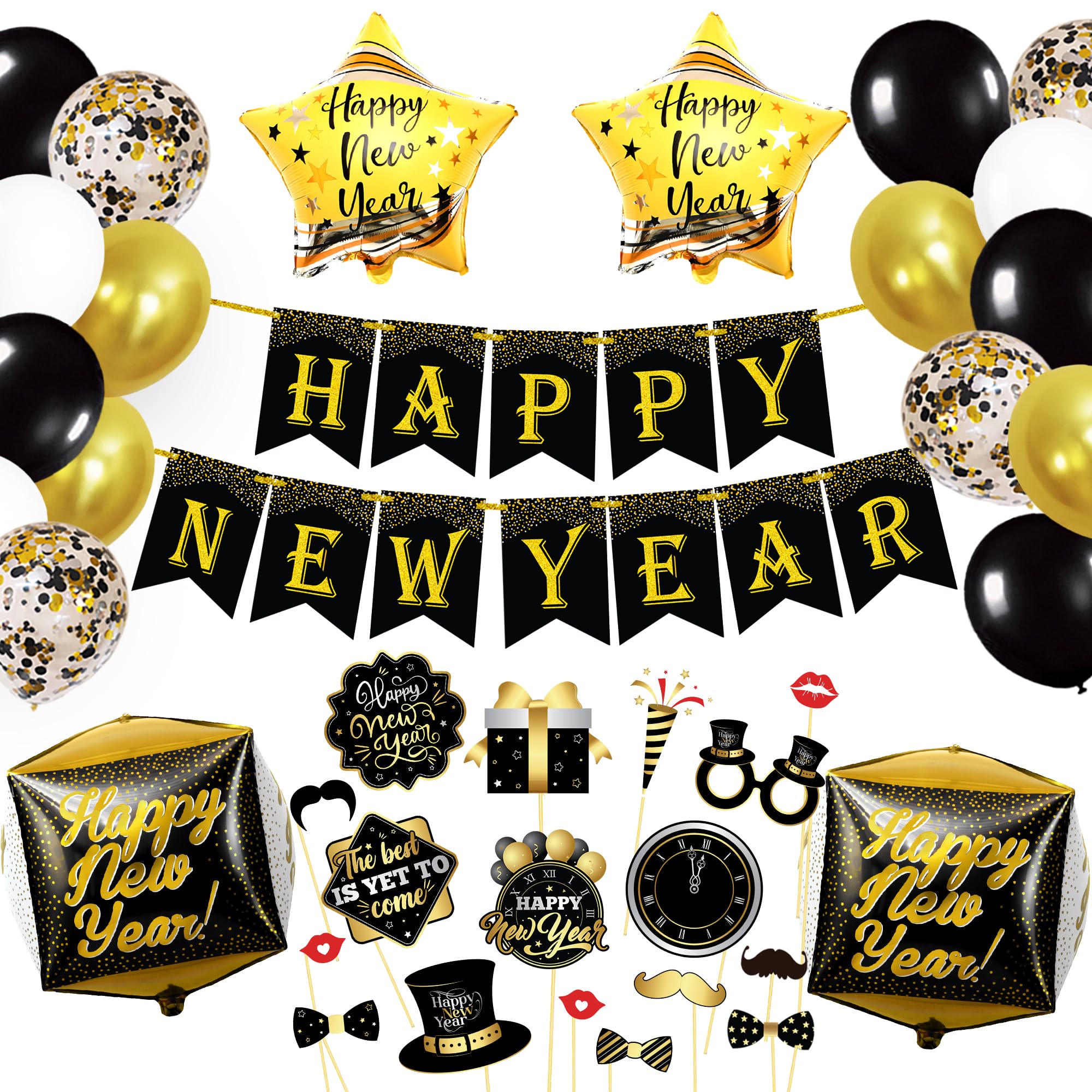 Photo 1 of KatchOn, New Years Eve Party Supplies 2026 - Huge, Set of 76 | Black and Gold Happy New Year Banner, 2026 Balloon Numbers | New Year Foil Balloons, New Years Photo Booth Props | NYE Decorations 2026