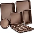 6-Pcs Nonstick Bakeware Set Baking Sheets, Non-Grease Cookie Trays, Wide & Square Bake Pan, Bread Loaf & Round Cake Pan, Desi