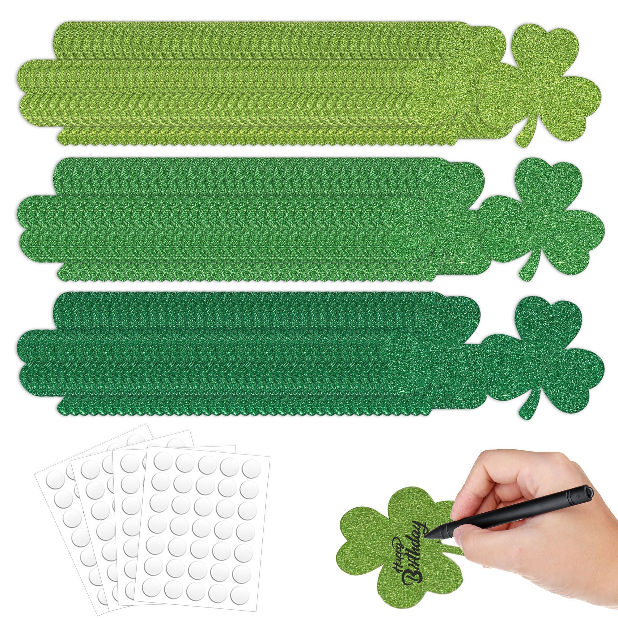 Photo 1 of 120 Pcs St. Patrick's Day Cutouts Glitter Shamrock Cutouts Double-Sided 4.9 Inch Irish Shamrock Card with Glue Point Dots for Party Assorted Green Bulletin Board Decorations?3 Colors?