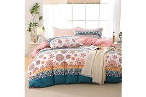 MUXHOMO Duvet Cover Queen Size Floral Duvet Cover Set with Zipper Closure, Boho Flower Bedding Set, 3 Pieces, 1 Duvet Cover 90"x90" with 4 Corner Ties and 2 Pillowcases 20"x30"