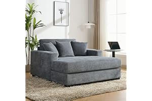 ZEIINPA Oversized Modern Chaise Lounge Chair with Cupholder and USB, Upholstered Indoor Leisure Recliner Chair, Chenille Fabric Comfy Chair with Pillow for Living Room Bedroom Apartment Studio-Blue Gray