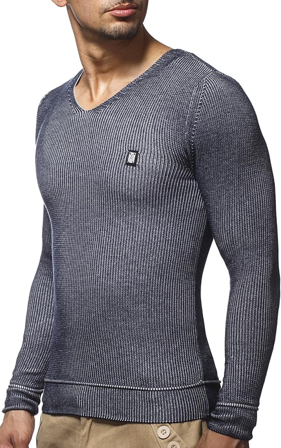 Leif Nelson Herren Langarmshirt V-Ausschnitt - Slim Fit Basic Pullover