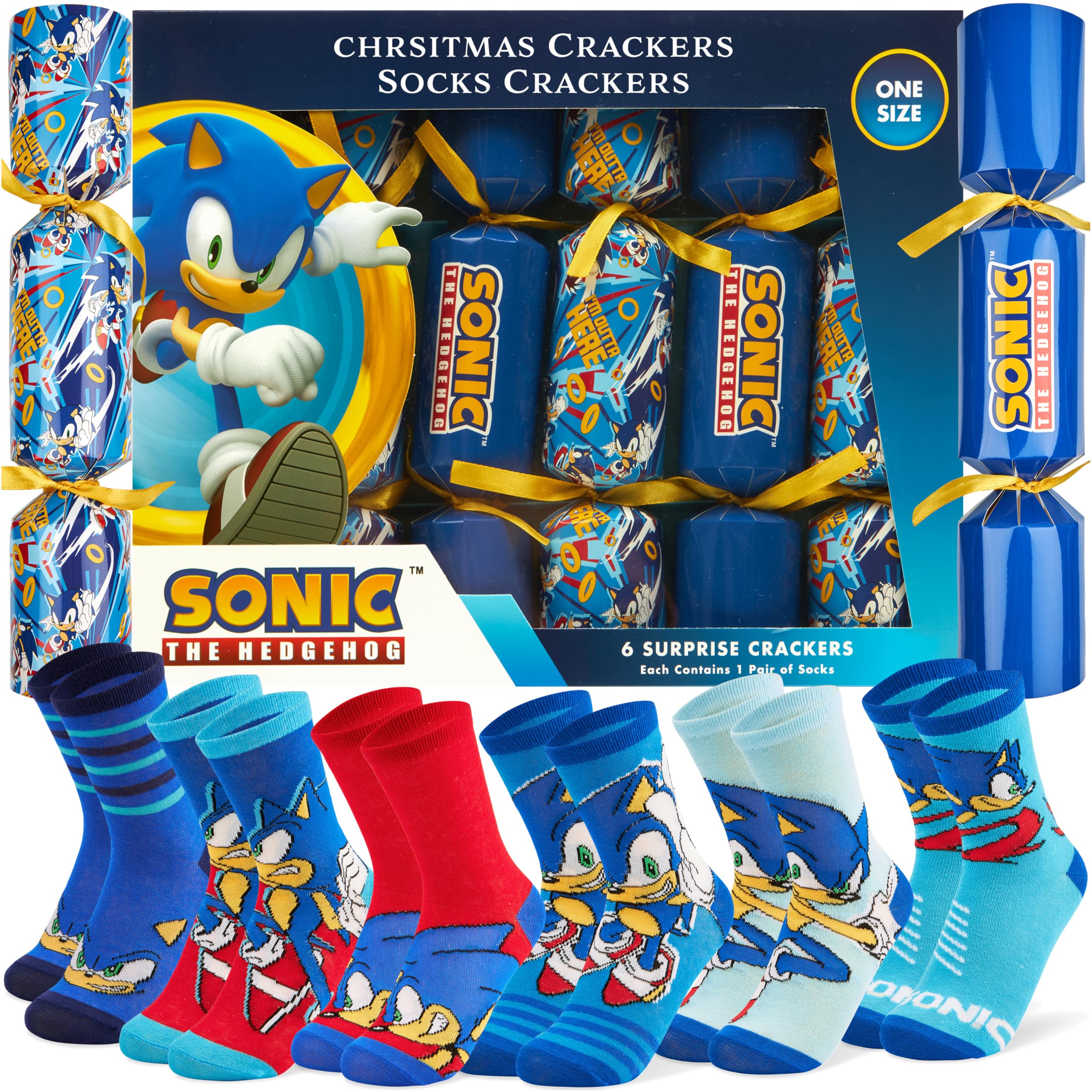 Sonic The Hedgehog Luxury Christmas Crackers, Set of 6 Deluxe Xmas Crackers with One Size Crew Socks for Kids, Fun Novelty Christmas & Party Gifts