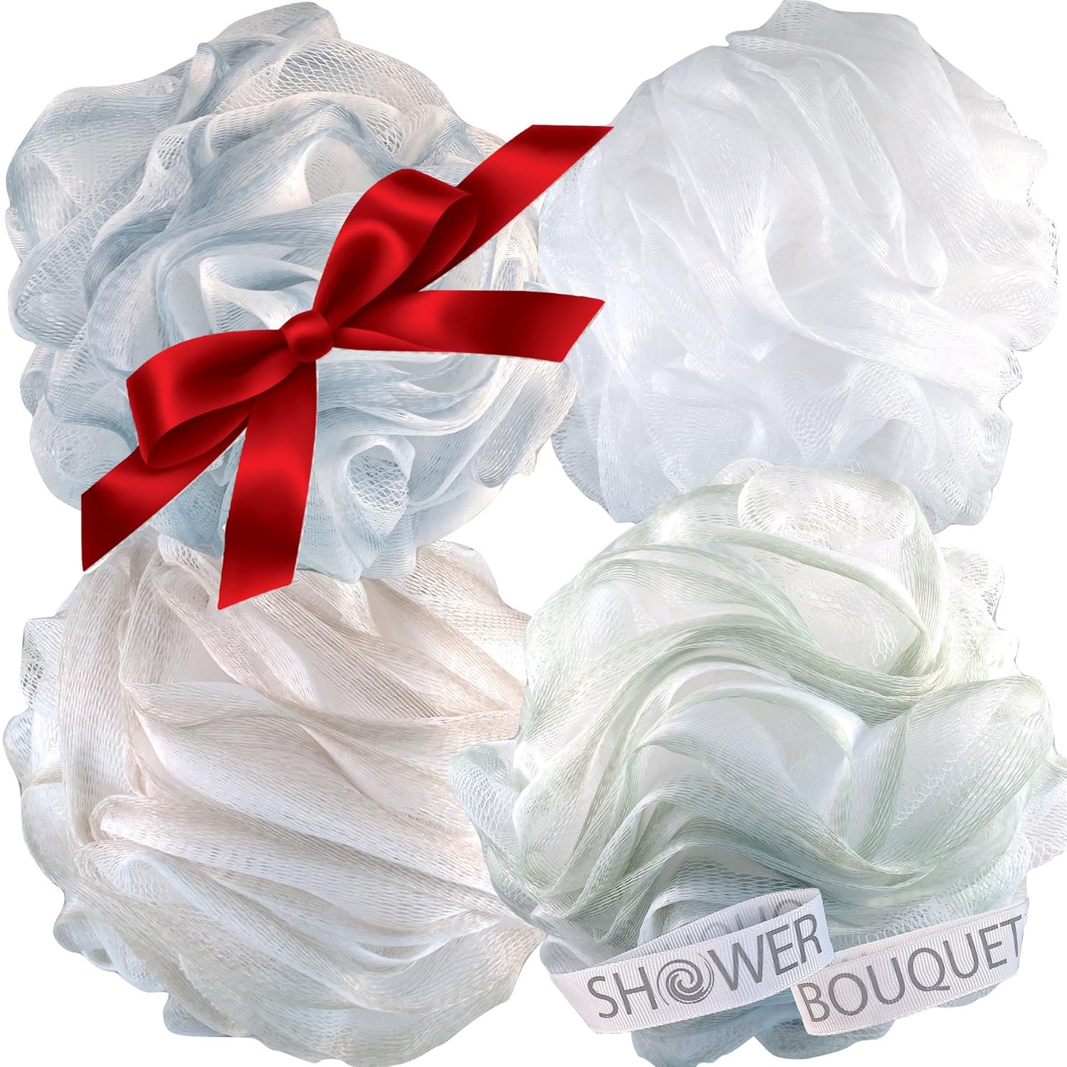 Loofah Bath Sponge XL 75g Soft Set by Shower Bouquet: 4 Pack Pastel Colors - Extra Large Mesh Pouf Scrubber for Men and Women - Exfoliate with Big Lathering Cleanse: Beauty
