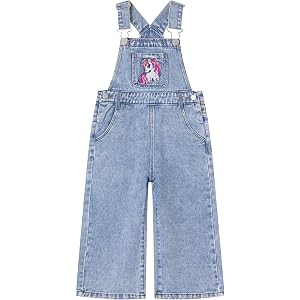 KIDSCOOL Girls Unicorn Denim Overalls Wide Leg Embroidered Jean Jumpsuit | Cute girls denim overalls featuring a vibrant unic