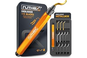 ruthex Deburring Tool (11 Blades) in Metal Box – Manual Debur Tool with Storage in Handle – Ideal Deburring Tool for Metal, Resin, Steel, PVC, 3D Printing – 360° Rotating Blade