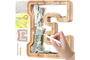 weallbuy Letter Piggy Bank for Kids Boys Girls Wooden Personalized Piggy Banks A-Z Double Clear Alphabet Banknote Coin Banks for Gift Decoration Baptism(E)
