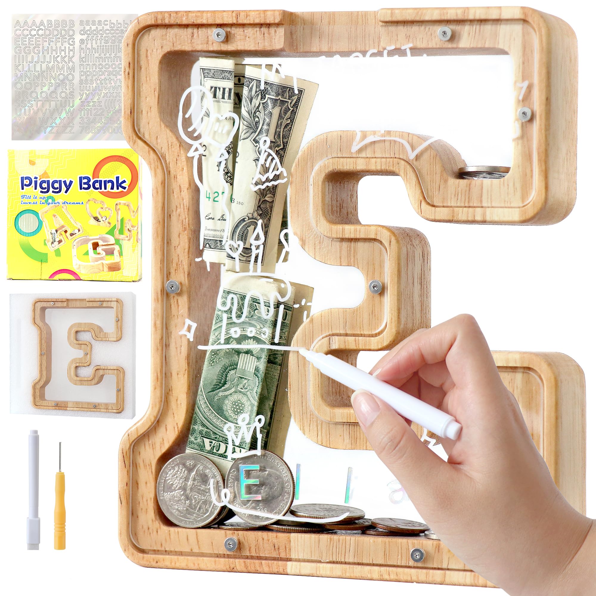 Mikytoper Letter Money Box for Kids Wooden Personalized A-Z Alphabet Piggy Bank Clear Money Bank Coin Bank for Gift Decoration Baptism (E)