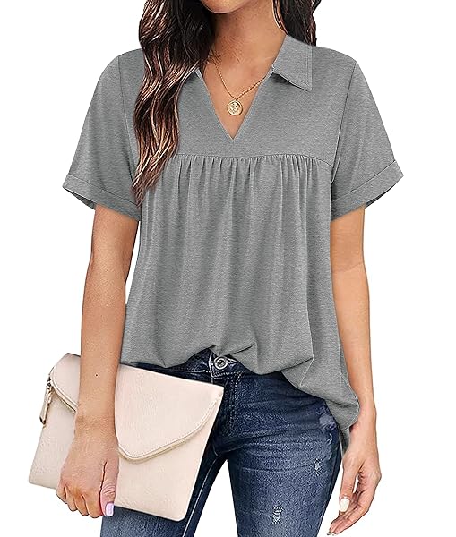QVESELU WOMENS SUMMER DRESSY CASUAL COLLARED V NECK SHORT SLEEVE LOOSE FIT CUTE BABYDOLL TUNIC TOPS AND BLOUSES LADIES PLAIN COTTON WORK BUSINESS POLO T SHIRTS SPRING FALL FASHION 2023 GREY