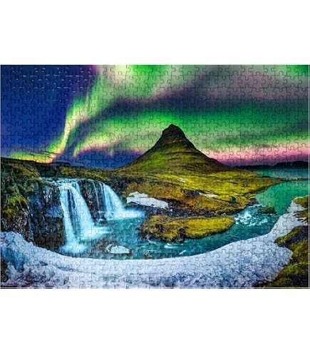 MyPuzzle Northern Lights Over Godafoss Waterfall in Iceland - Premium 500 Piece Jigsaw Puzzle for Adults