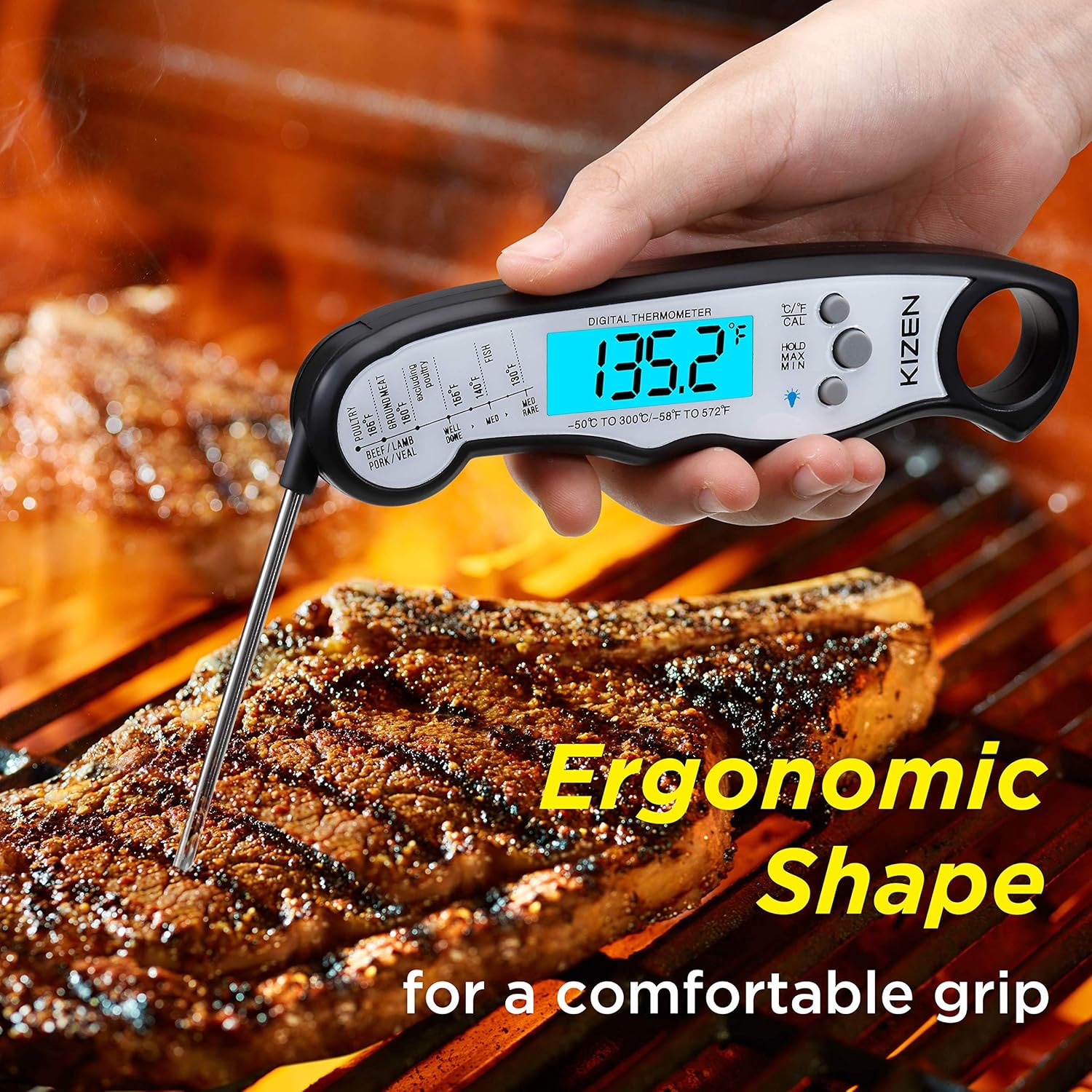 Kizen Instant Read Meat Thermometer - Best Waterproof Ultra Fast Thermometer with Backlight & Calibration. Kizen Digital Food Thermometer for Kitchen, Outdoor Cooking, BBQ, and Grill!: Kitchen & Dining