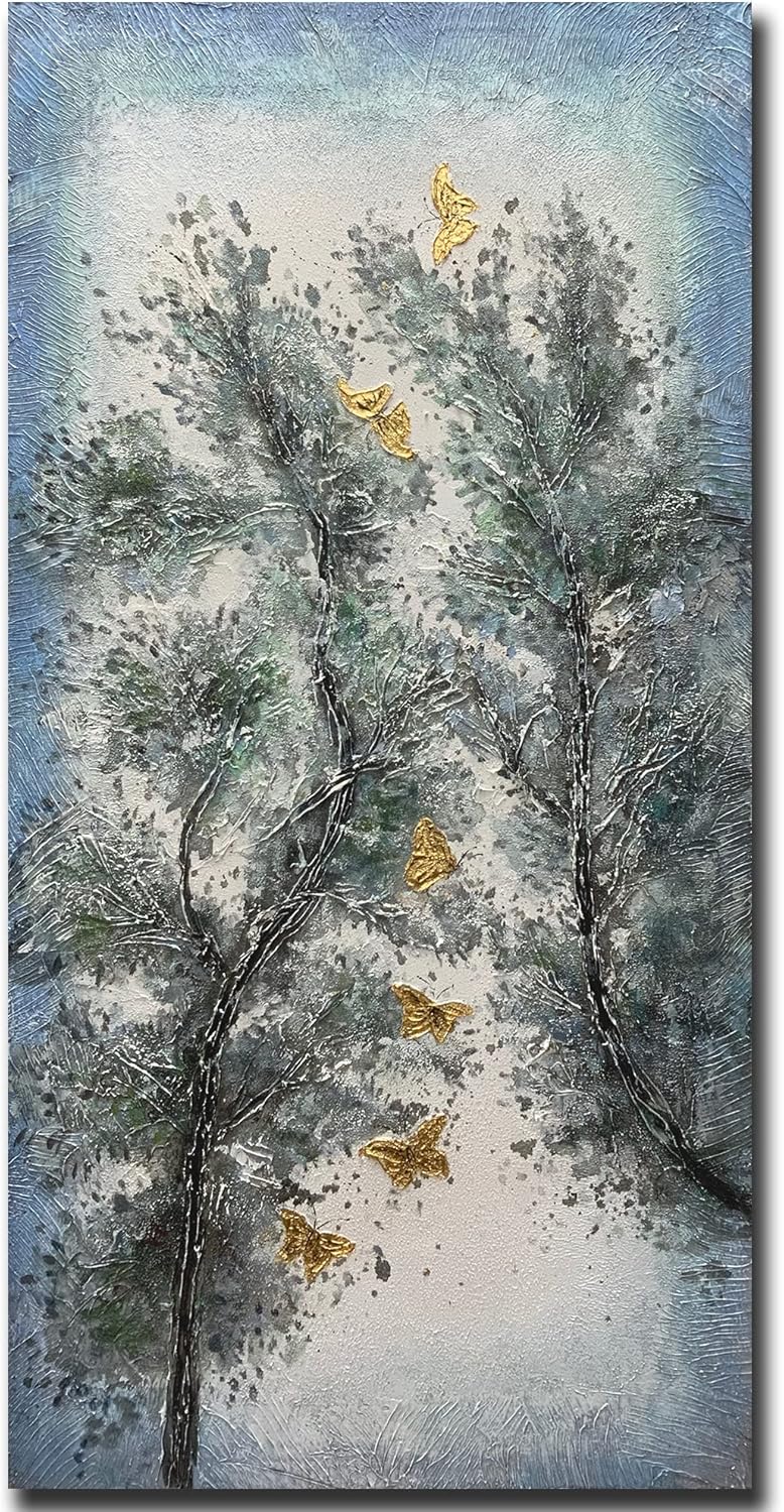 Paintings - Art8YuQi Paintings - 24x48Inch Textured Hand Painted Canvas Paintings Green Leaves Abstract Tree Pine 3D Oil Paintings Landscape Artwork Modern Home Decor Wall Art Wood Inside Framed Hanging Wall Décor