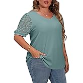 OLRIK Plus Size Tops for Women Summer Blouse Waffle Knit Short Lace Sleeve Shirts