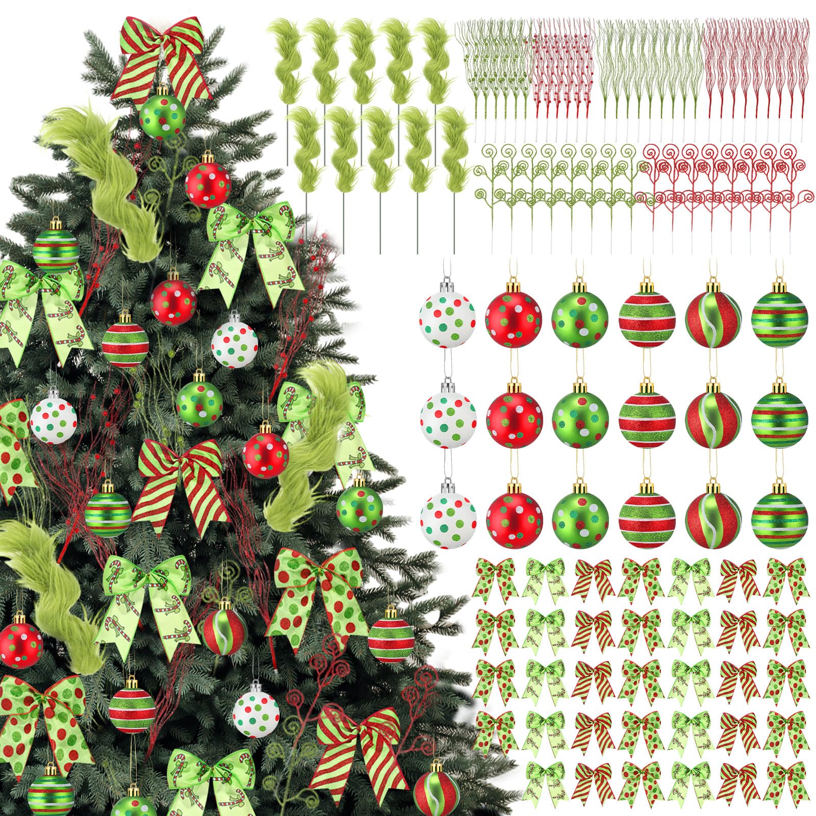 Photo 1 of 106 Pcs Lime Green Red Christmas Tree Ornaments Set Elf Wreath Decorations Glitter Polka Dot Striped Candy Cane Balls & Bows Furry Christmas Picks & Xmas Curly Stems for Tree Topper & Vase Filler