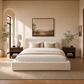 Queen Upholstered Platform Boneless Cloud Bed Frame with Headboard, Beige | Compressed Foam Design, Soft Chenille Upholstery, Reinforced Metal Slats, No Box Spring Needed, Noise-Free, Easy Assembly
