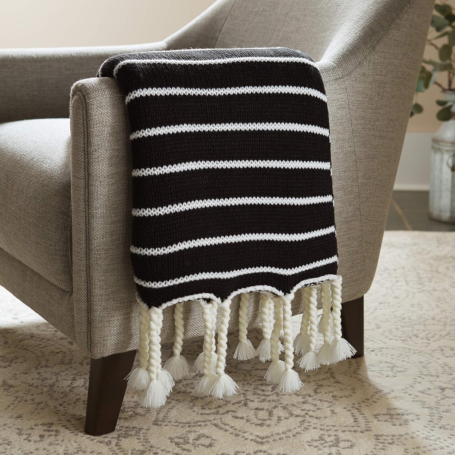 Stone & Beam Modern Striped Knit Throw Blanket, 80" x 60", Black