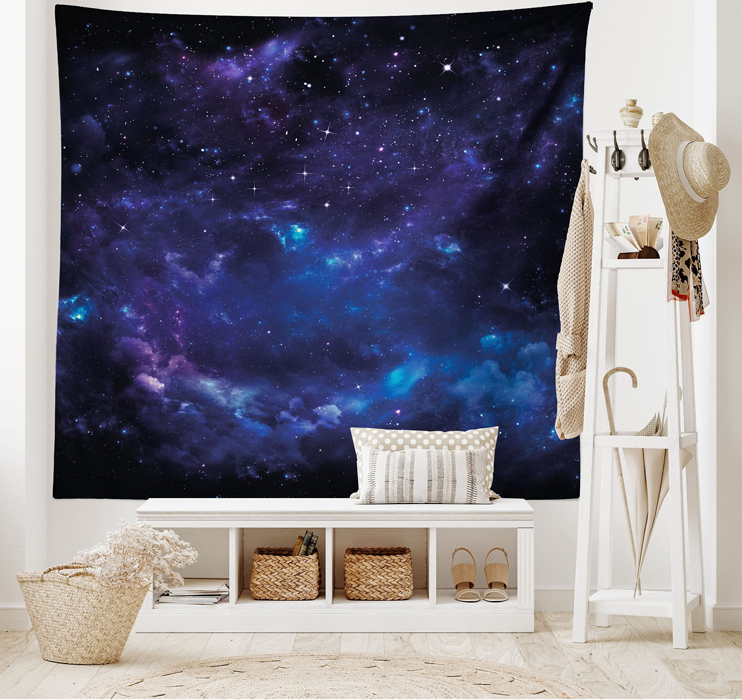 ABAKUHAUS Sky Tapestry, Space Night Time Universe Stars and Nebulas Distant Parts of Galaxy, Fabric Wall Hanging Decor for Bedroom Living Room Dorm, 58 W X 43 L, Purple Charcoal Grey and Blue