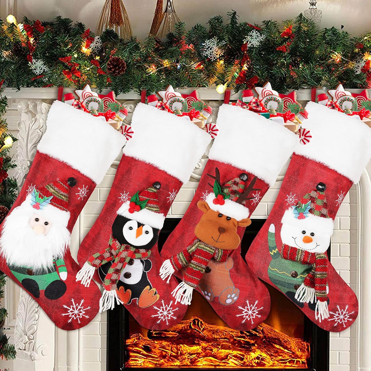 Stockings & Holders - COOLWUFAN Christmas Stockings 4 Pack, 19'' Xmas Stockings with Snowflake Santa Snowman Reindeer Penguin and Plush Faux Fur Cuff Stockings for Stairs Fireplace Hanging Xmas Home Decor